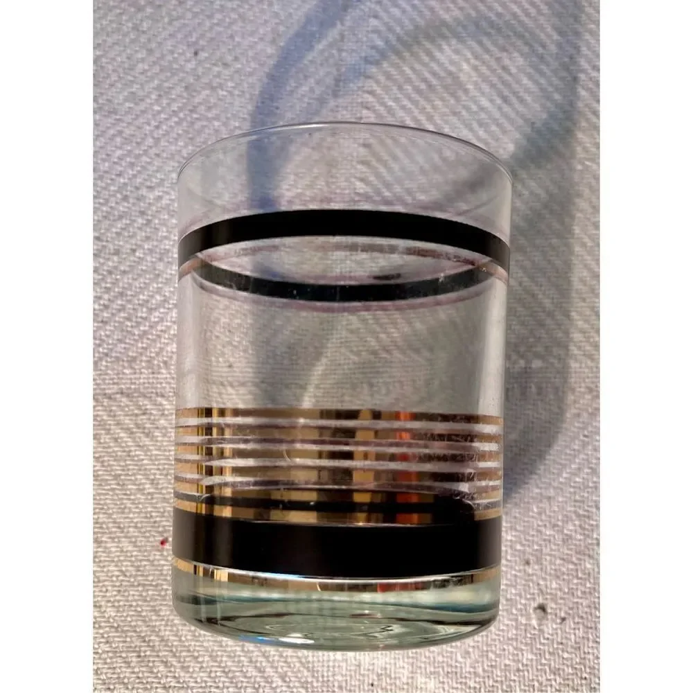 VTG SET 3 MCM Black & Gold Stripe STRIPED Low Ball Rocks Bar Glasses Whiskey